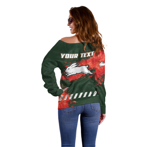 Personalised South Sydney Rabbitohs Rugby Off Shoulder Sweater Rabbits Mascot - Sporty Splash Art Style