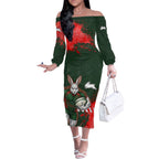 Personalised South Sydney Rabbitohs Rugby Off The Shoulder Long Sleeve Dress Rabbits Mascot - Sporty Splash Art Style