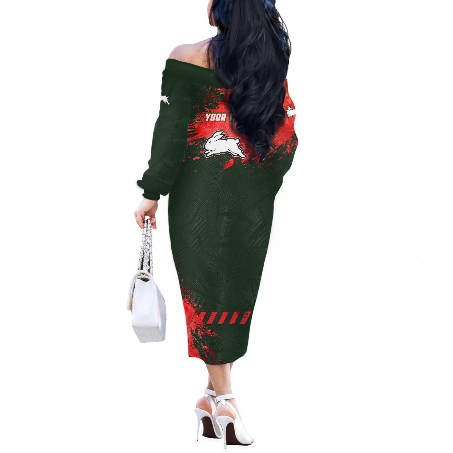 Personalised South Sydney Rabbitohs Rugby Off The Shoulder Long Sleeve Dress Rabbits Mascot - Sporty Splash Art Style