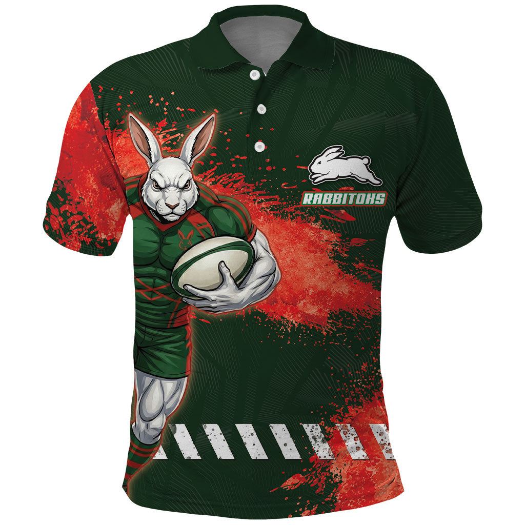 Personalised South Sydney Rabbitohs Rugby Polo Shirt Rabbits Mascot - Sporty Splash Art Style