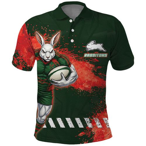 Personalised South Sydney Rabbitohs Rugby Polo Shirt Rabbits Mascot - Sporty Splash Art Style