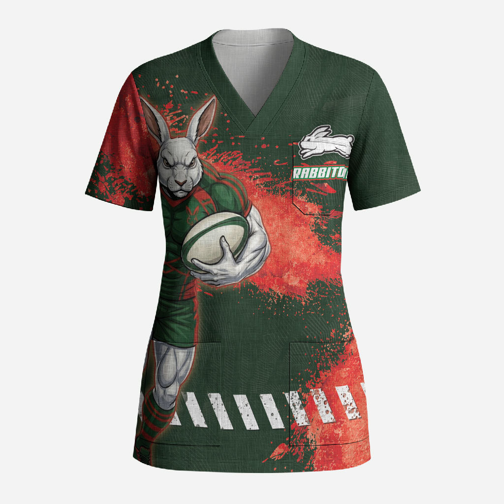 Personalised South Sydney Rabbitohs Rugby Scrub Top Rabbits Mascot - Sporty Splash Art Style