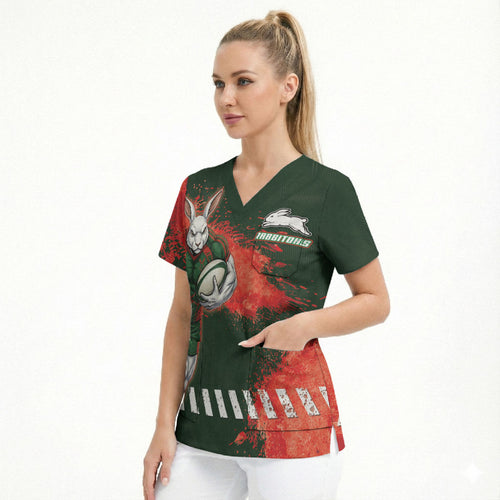 Personalised South Sydney Rabbitohs Rugby Scrub Top Rabbits Mascot - Sporty Splash Art Style