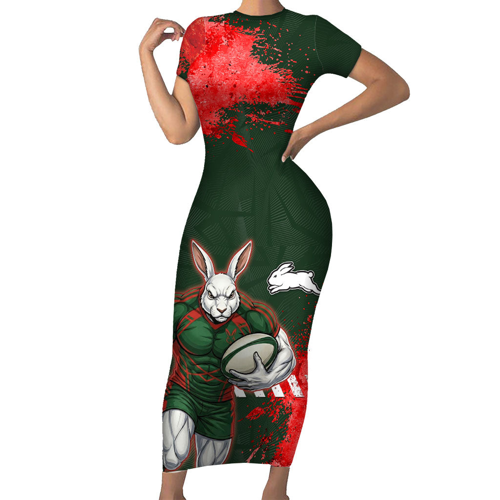 Personalised South Sydney Rabbitohs Rugby Short Sleeve Bodycon Dress Rabbits Mascot - Sporty Splash Art Style