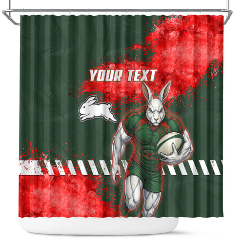 Personalised South Sydney Rabbitohs Rugby Shower Curtain Rabbits Mascot - Sporty Splash Art Style