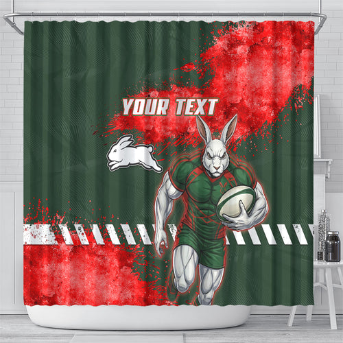 Personalised South Sydney Rabbitohs Rugby Shower Curtain Rabbits Mascot - Sporty Splash Art Style