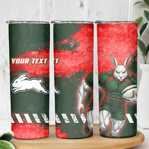 Personalised South Sydney Rabbitohs Rugby Skinny Tumbler Rabbits Mascot - Sporty Splash Art Style