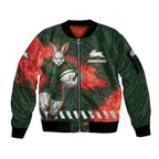 Personalised South Sydney Rabbitohs Rugby Sleeve Zip Bomber Jacket Rabbits Mascot - Sporty Splash Art Style