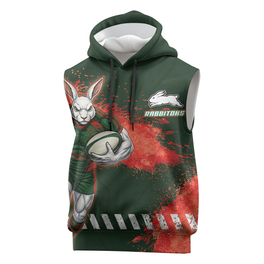 Personalised South Sydney Rabbitohs Rugby Sleeveless Hoodie Rabbits Mascot - Sporty Splash Art Style