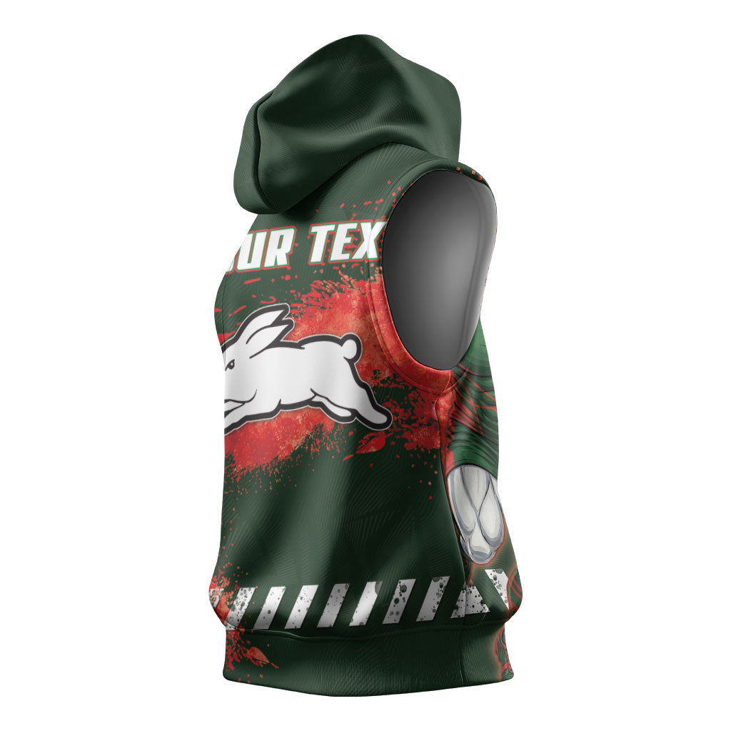 Personalised South Sydney Rabbitohs Rugby Sleeveless Hoodie Rabbits Mascot - Sporty Splash Art Style