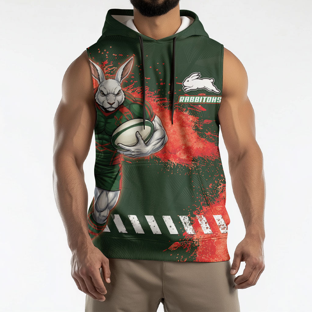 Personalised South Sydney Rabbitohs Rugby Sleeveless Hoodie Rabbits Mascot - Sporty Splash Art Style