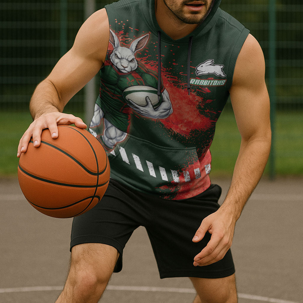 Personalised South Sydney Rabbitohs Rugby Sleeveless Hoodie Rabbits Mascot - Sporty Splash Art Style