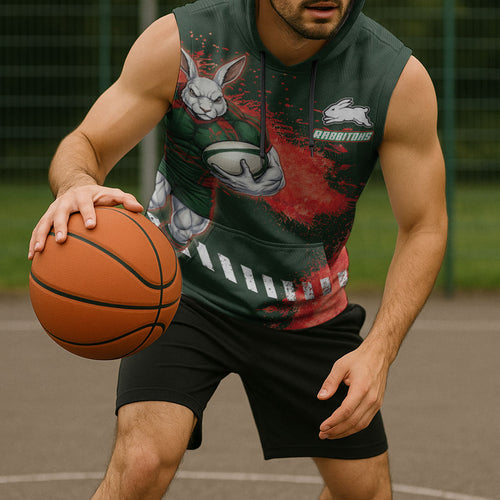 Personalised South Sydney Rabbitohs Rugby Sleeveless Hoodie Rabbits Mascot - Sporty Splash Art Style