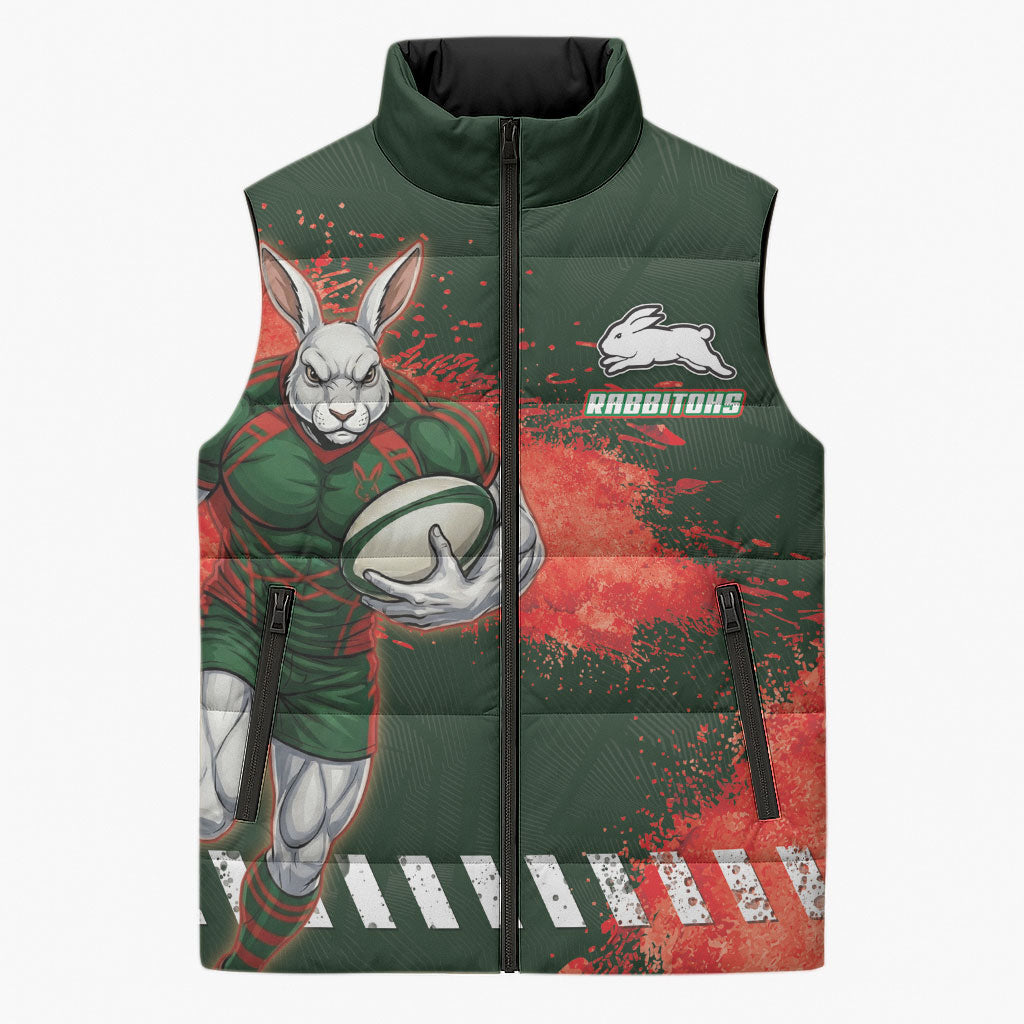 Personalised South Sydney Rabbitohs Rugby Sleeveless Puffer Jacket Rabbits Mascot - Sporty Splash Art Style