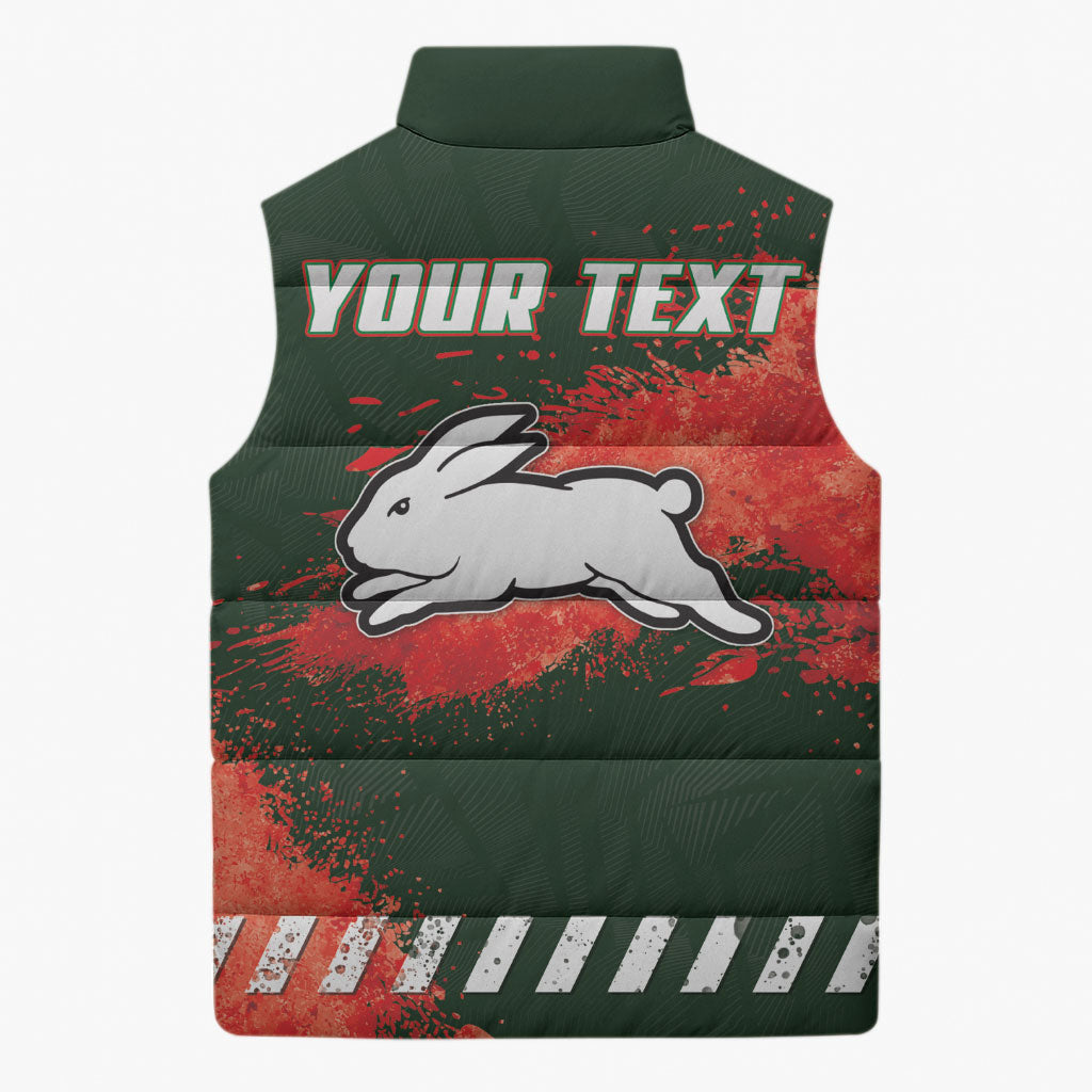 Personalised South Sydney Rabbitohs Rugby Sleeveless Puffer Jacket Rabbits Mascot - Sporty Splash Art Style