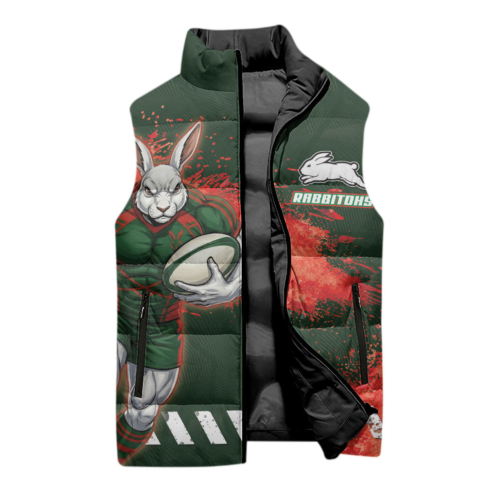 Personalised South Sydney Rabbitohs Rugby Sleeveless Puffer Jacket Rabbits Mascot - Sporty Splash Art Style