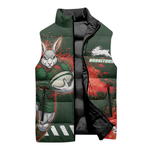 Personalised South Sydney Rabbitohs Rugby Sleeveless Puffer Jacket Rabbits Mascot - Sporty Splash Art Style