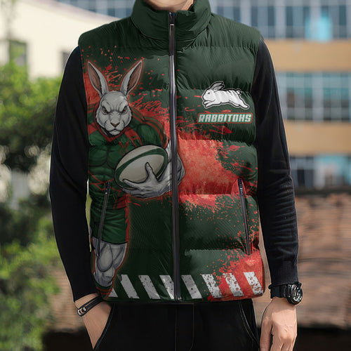Personalised South Sydney Rabbitohs Rugby Sleeveless Puffer Jacket Rabbits Mascot - Sporty Splash Art Style