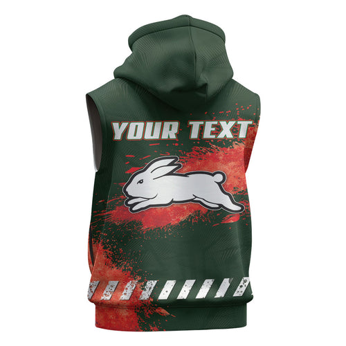 Personalised South Sydney Rabbitohs Rugby Sleeveless Zip Hoodie Rabbits Mascot - Sporty Splash Art Style