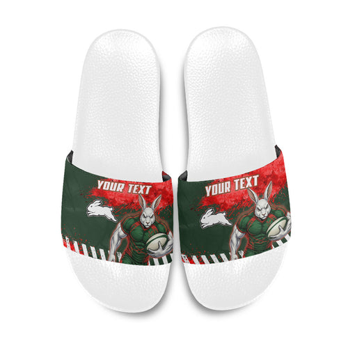 Personalised South Sydney Rabbitohs Rugby Slide Sandals Rabbits Mascot - Sporty Splash Art Style