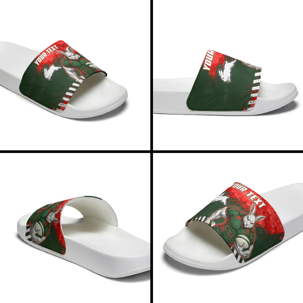 Personalised South Sydney Rabbitohs Rugby Slide Sandals Rabbits Mascot - Sporty Splash Art Style