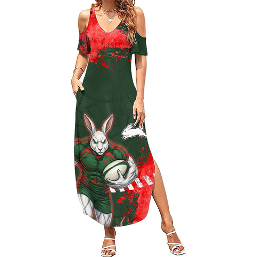 Personalised South Sydney Rabbitohs Rugby Summer Maxi Dress Rabbits Mascot - Sporty Splash Art Style