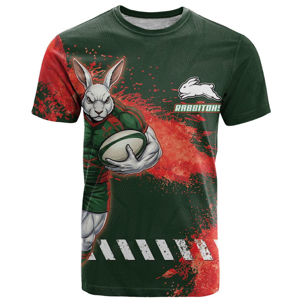 Personalised South Sydney Rabbitohs Rugby T Shirt Rabbits Mascot - Sporty Splash Art Style