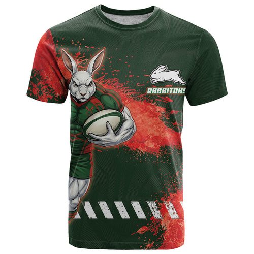 Personalised South Sydney Rabbitohs Rugby T Shirt Rabbits Mascot - Sporty Splash Art Style
