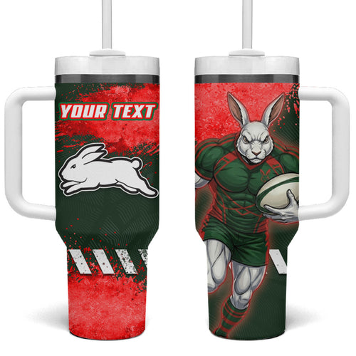 Personalised South Sydney Rabbitohs Rugby Tumbler With Handle Rabbits Mascot - Sporty Splash Art Style