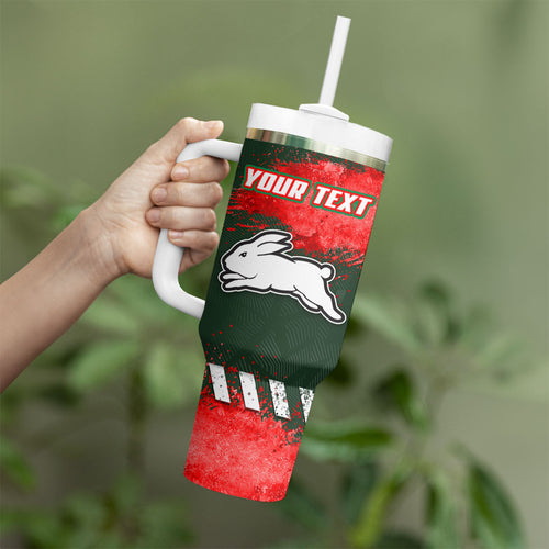 Personalised South Sydney Rabbitohs Rugby Tumbler With Handle Rabbits Mascot - Sporty Splash Art Style