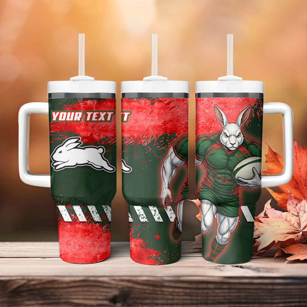 Personalised South Sydney Rabbitohs Rugby Tumbler With Handle Rabbits Mascot - Sporty Splash Art Style