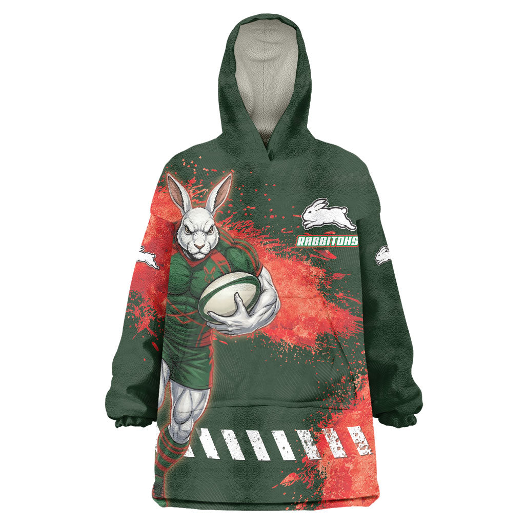 Personalised South Sydney Rabbitohs Rugby Wearable Blanket Hoodie Rabbits Mascot - Sporty Splash Art Style