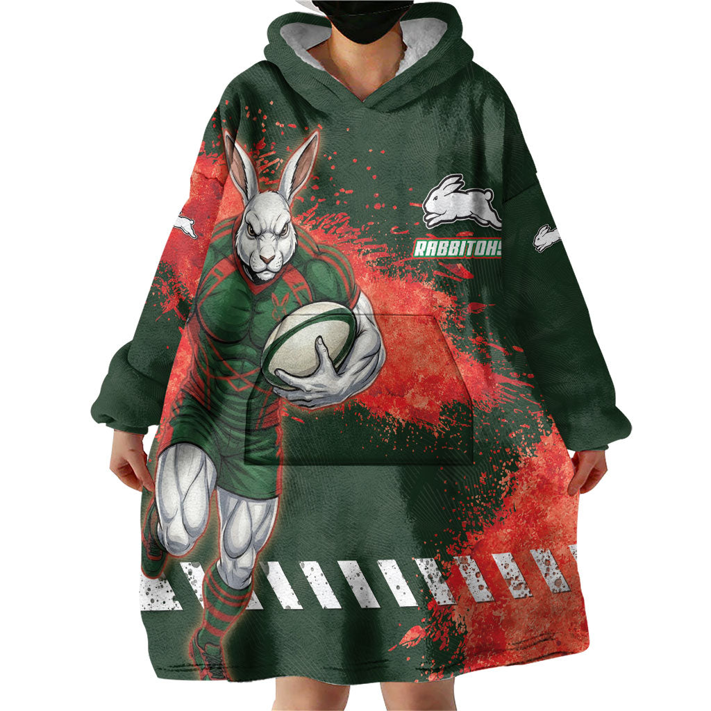 Personalised South Sydney Rabbitohs Rugby Wearable Blanket Hoodie Rabbits Mascot - Sporty Splash Art Style
