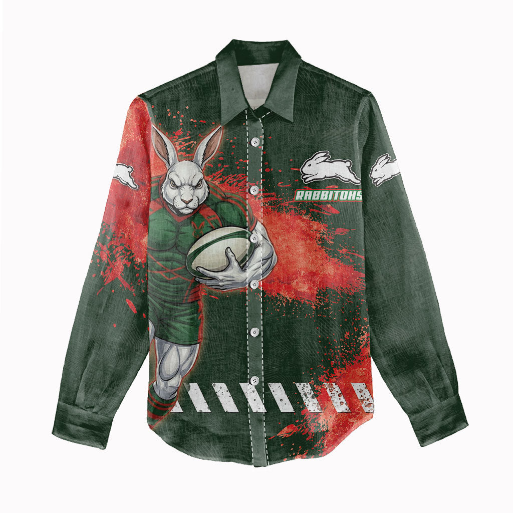 Personalised South Sydney Rabbitohs Rugby Women Casual Shirt Rabbits Mascot - Sporty Splash Art Style