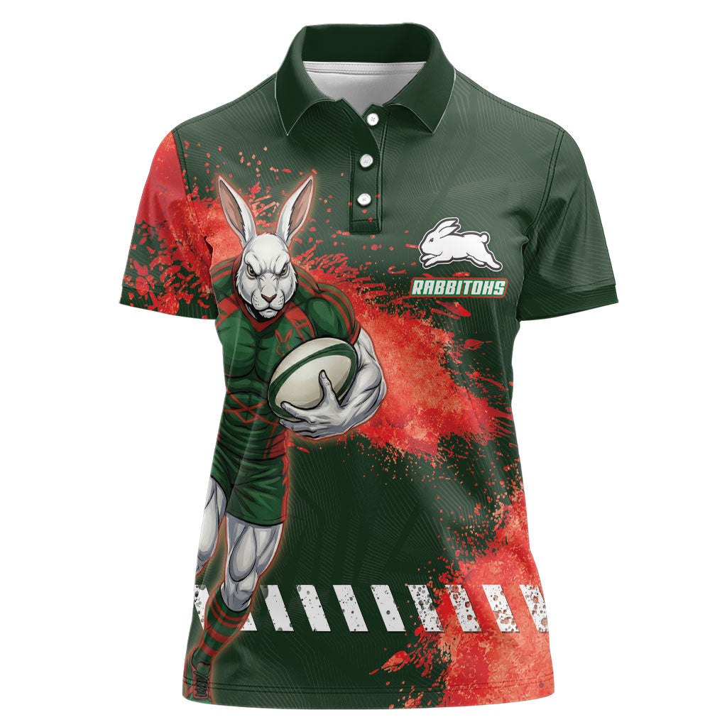 Personalised South Sydney Rabbitohs Rugby Women Polo Shirt Rabbits Mascot - Sporty Splash Art Style