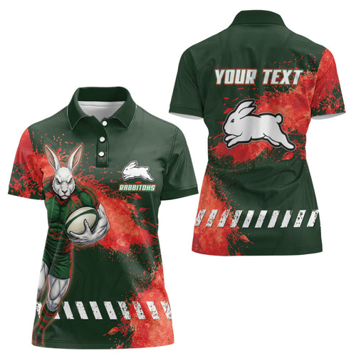 Personalised South Sydney Rabbitohs Rugby Women Polo Shirt Rabbits Mascot - Sporty Splash Art Style