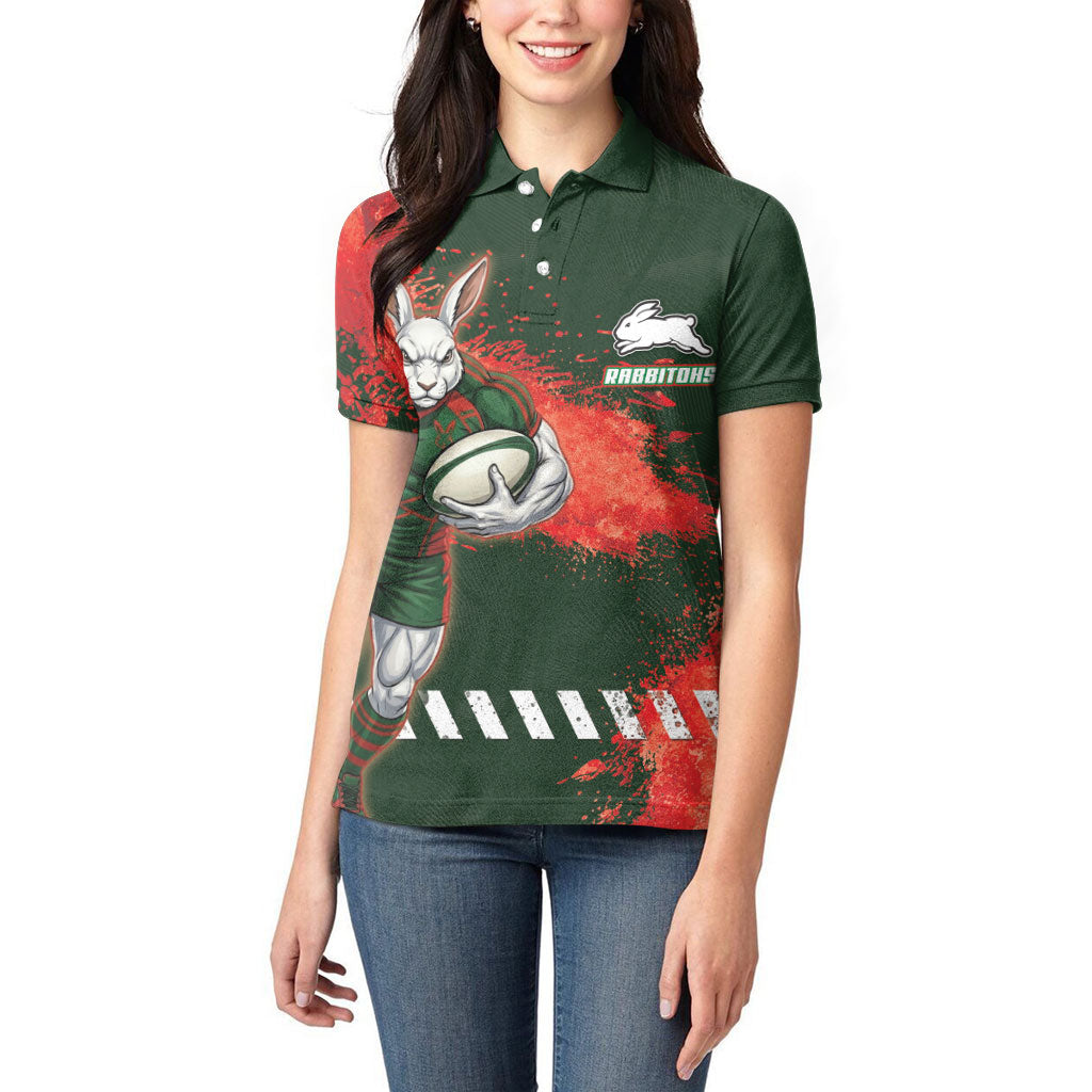 Personalised South Sydney Rabbitohs Rugby Women Polo Shirt Rabbits Mascot - Sporty Splash Art Style