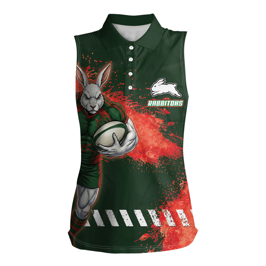 Personalised South Sydney Rabbitohs Rugby Women Sleeveless Polo Shirt Rabbits Mascot - Sporty Splash Art Style