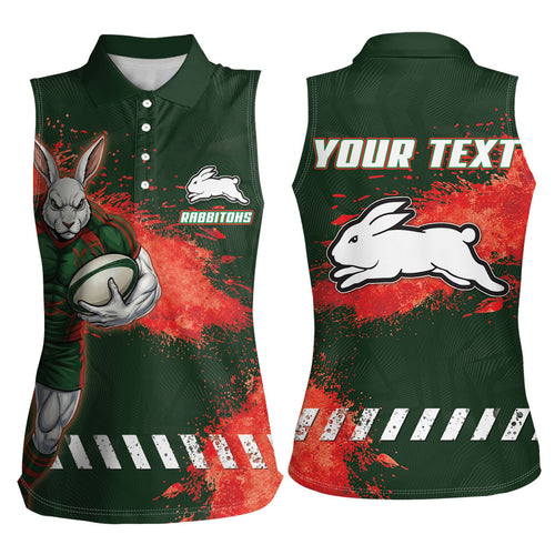Personalised South Sydney Rabbitohs Rugby Women Sleeveless Polo Shirt Rabbits Mascot - Sporty Splash Art Style