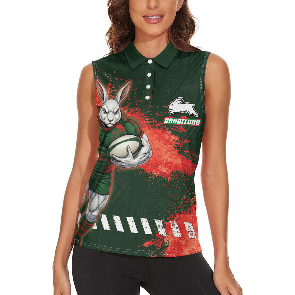 Personalised South Sydney Rabbitohs Rugby Women Sleeveless Polo Shirt Rabbits Mascot - Sporty Splash Art Style