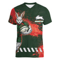 Personalised South Sydney Rabbitohs Rugby Women V-Neck T-Shirt Rabbits Mascot - Sporty Splash Art Style