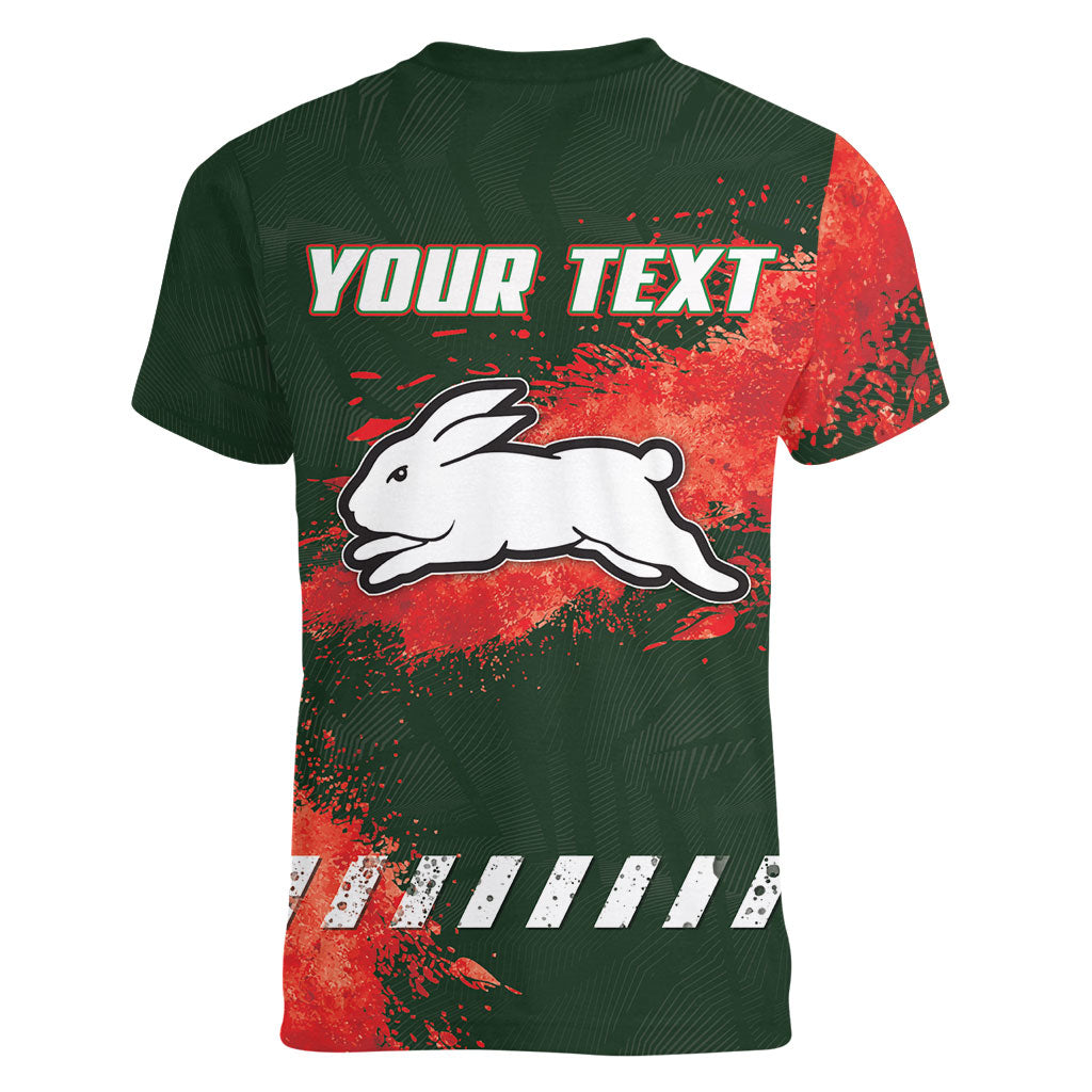 Personalised South Sydney Rabbitohs Rugby Women V-Neck T-Shirt Rabbits Mascot - Sporty Splash Art Style