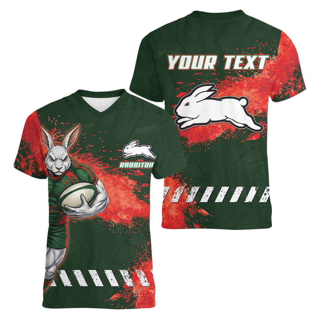 Personalised South Sydney Rabbitohs Rugby Women V-Neck T-Shirt Rabbits Mascot - Sporty Splash Art Style