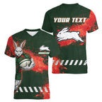 Personalised South Sydney Rabbitohs Rugby Women V-Neck T-Shirt Rabbits Mascot - Sporty Splash Art Style
