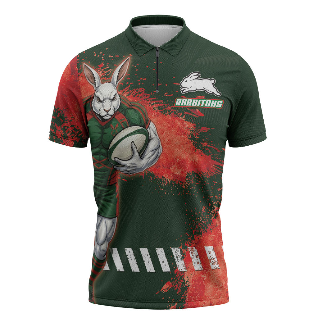 Personalised South Sydney Rabbitohs Rugby Zipper Polo Shirt Rabbits Mascot - Sporty Splash Art Style
