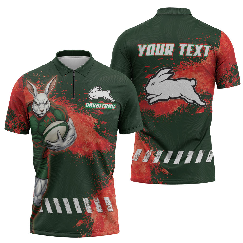 Personalised South Sydney Rabbitohs Rugby Zipper Polo Shirt Rabbits Mascot - Sporty Splash Art Style