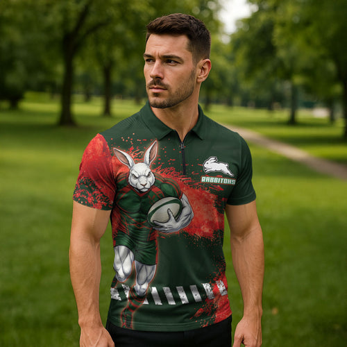 Personalised South Sydney Rabbitohs Rugby Zipper Polo Shirt Rabbits Mascot - Sporty Splash Art Style