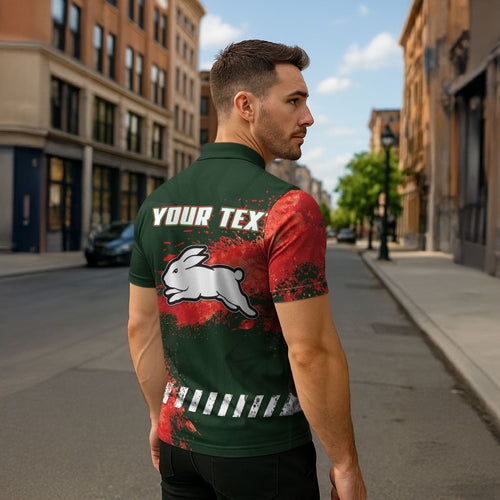 Personalised South Sydney Rabbitohs Rugby Zipper Polo Shirt Rabbits Mascot - Sporty Splash Art Style