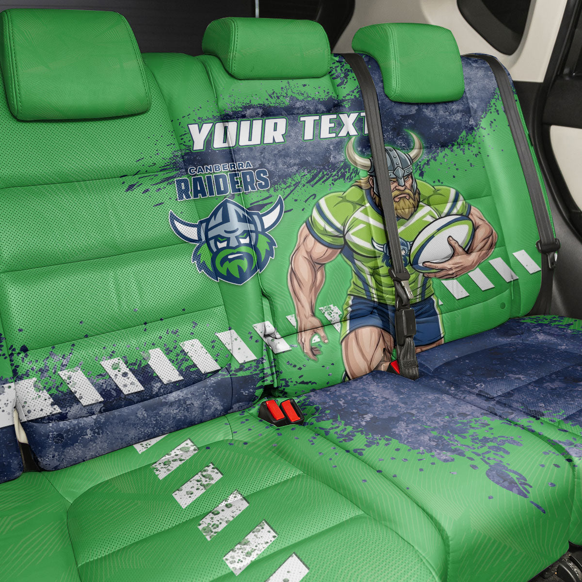 Personalised Canberra Raiders Rugby Back Car Seat Cover Viking Green Machine Mascot - Sporty Splash Art Style
