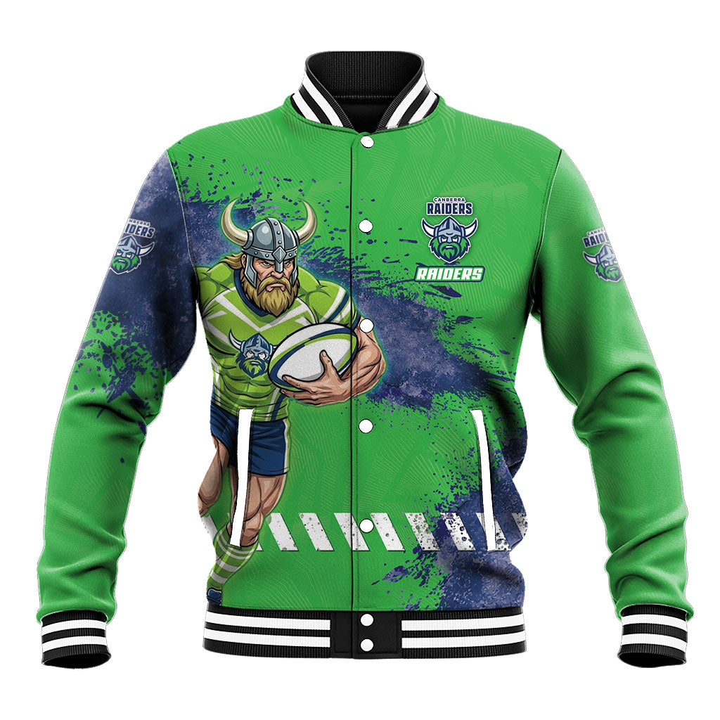 Personalised Canberra Raiders Rugby Baseball Jacket Viking Green Machine Mascot - Sporty Splash Art Style